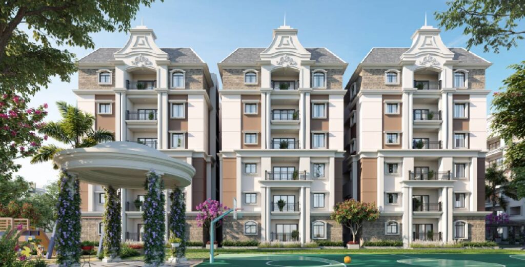 Back view of Casagrande luxury apartment with landscaped garden and basketball court in Hyderabad