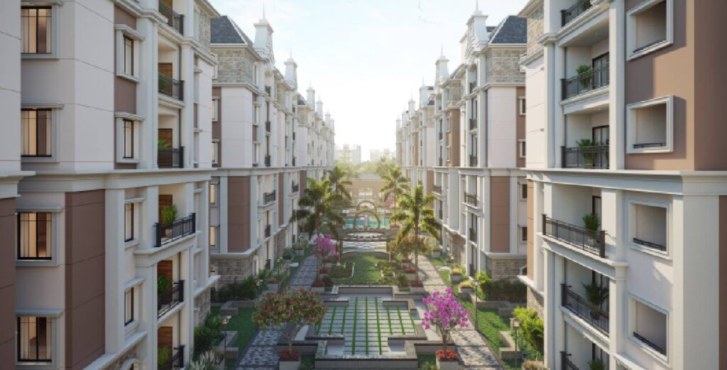 Landscapes view of Casagrande entrance with elegant European-style architecture and symmetrical residential blocks