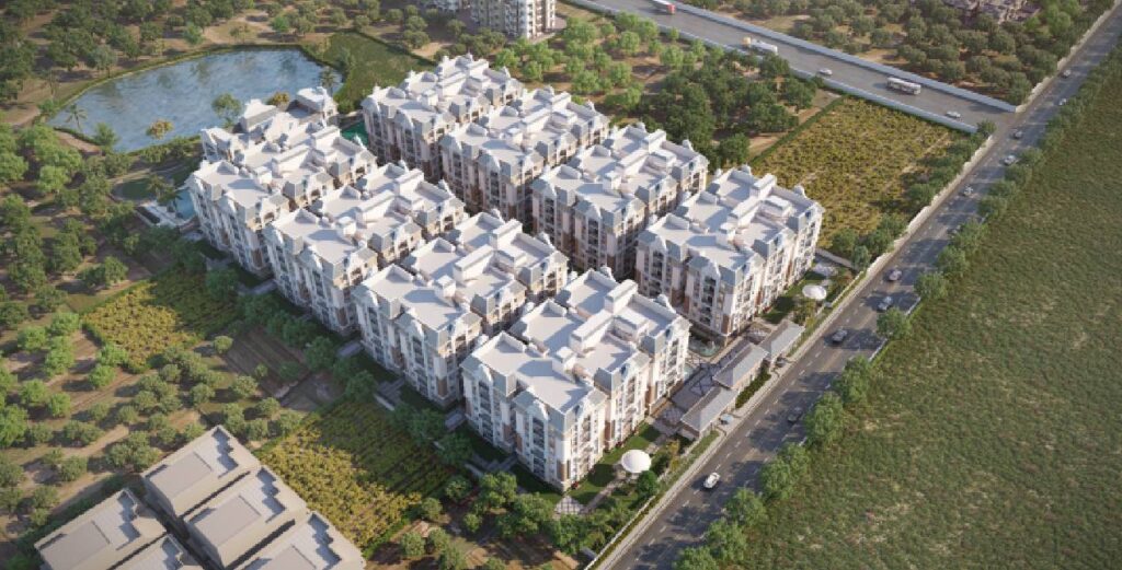 Aerial view of Casagrande gated community with landscaped greenery and modern infrastructure in Hyderabad