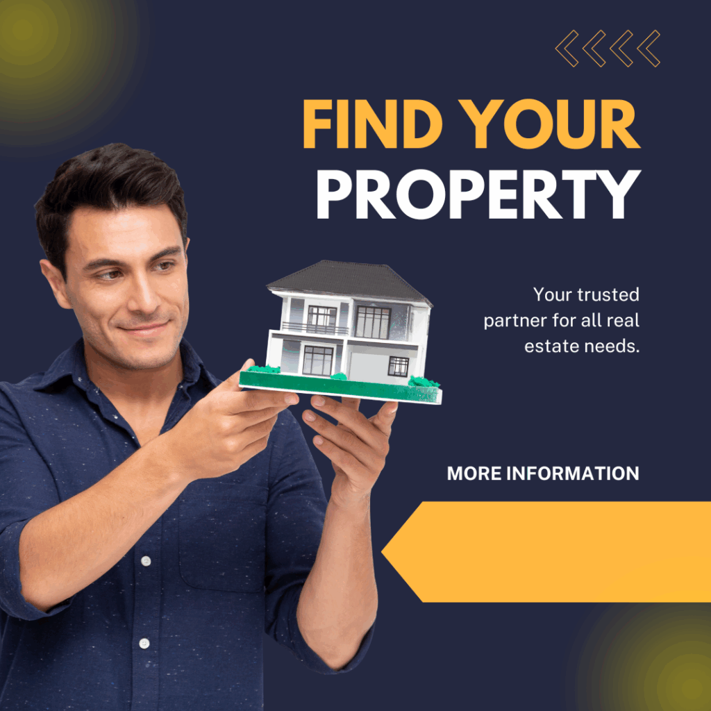 Man holding a model house with "Find Your Property" text – real estate promotional banner.